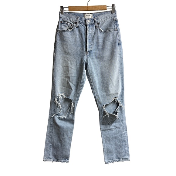 AGOLDE Light Wash Blue Riley High Rise Straight Crop Jeans Ripped Denim Women 25 - Picture 1 of 5